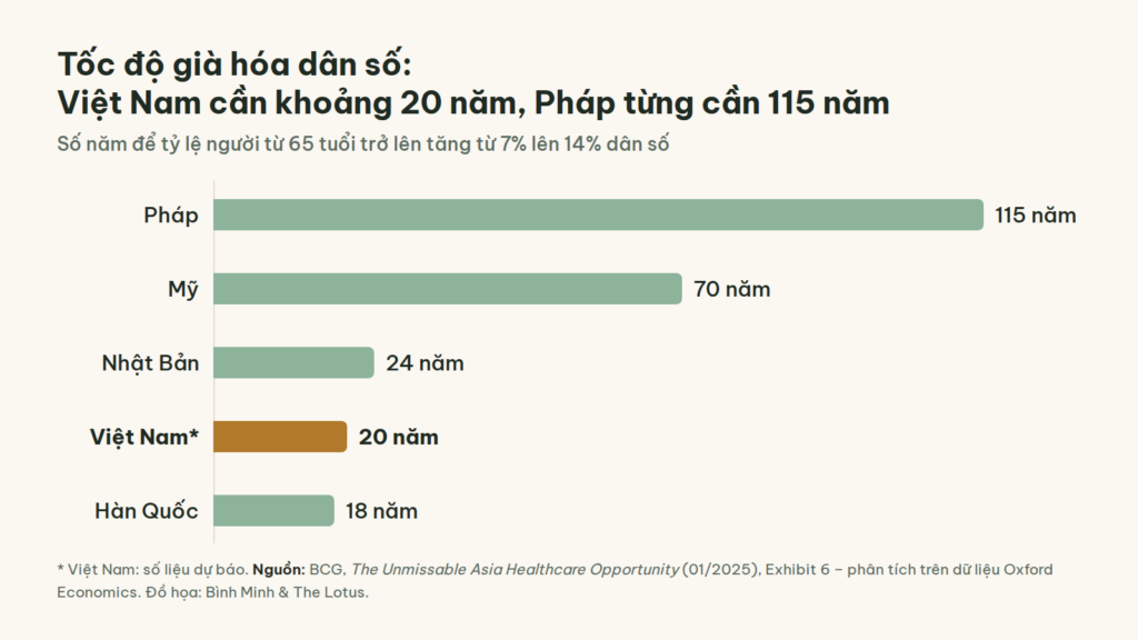 Biểu đồ: Pháp 115 năm, Mỹ 70 năm, Nhật Bản 24 năm, Việt Nam khoảng 20 năm (dự báo), Hàn Quốc 18 năm để tỷ lệ dân số từ 65 tuổi trở lên tăng từ 7% lên 14%