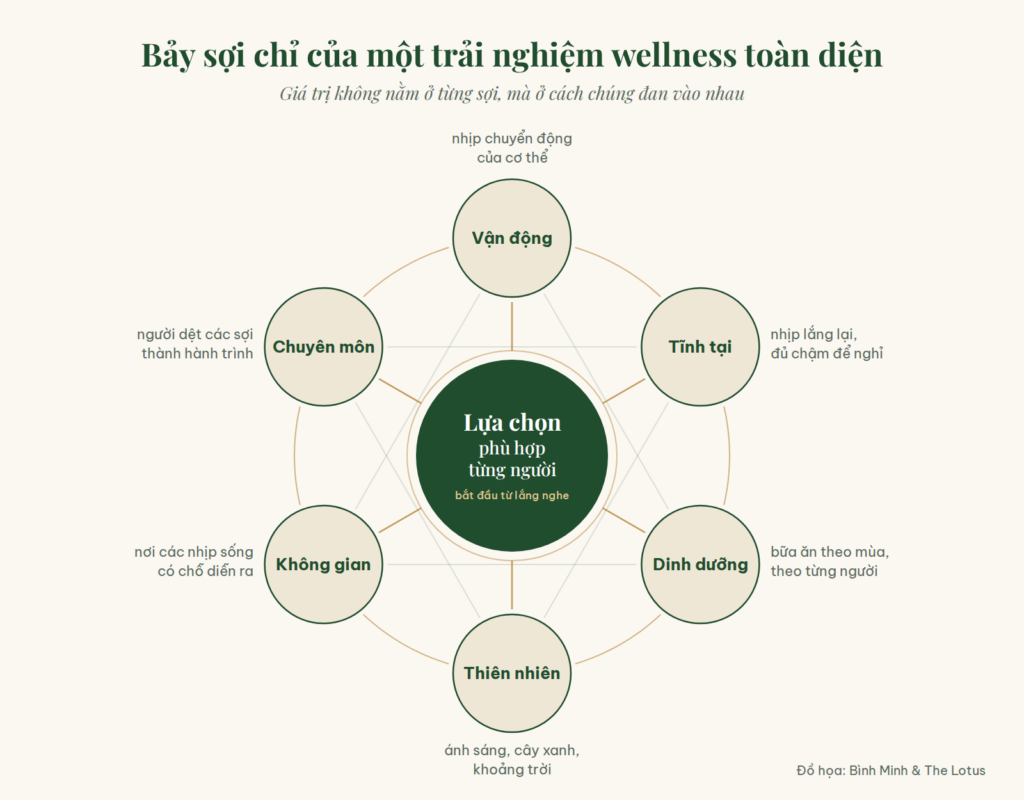 Sơ đồ bảy yếu tố của wellness toàn diện: vận động, tĩnh tại, dinh dưỡng, thiên nhiên, không gian, chuyên môn, xoay quanh lựa chọn phù hợp từng người
