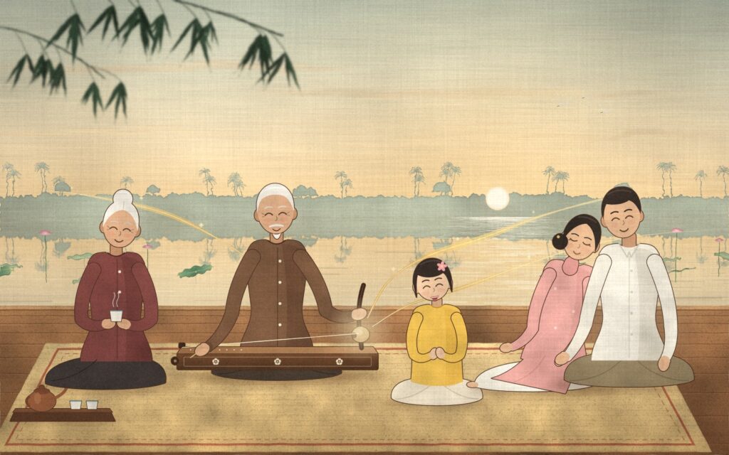 Tranh minh họa ba thế hệ trên hiên gỗ bên đầm sen lúc bình minh: ông chơi đàn bầu, bà nâng chén trà, cháu vỗ tay, cha mẹ tựa vai nhau lắng nghe