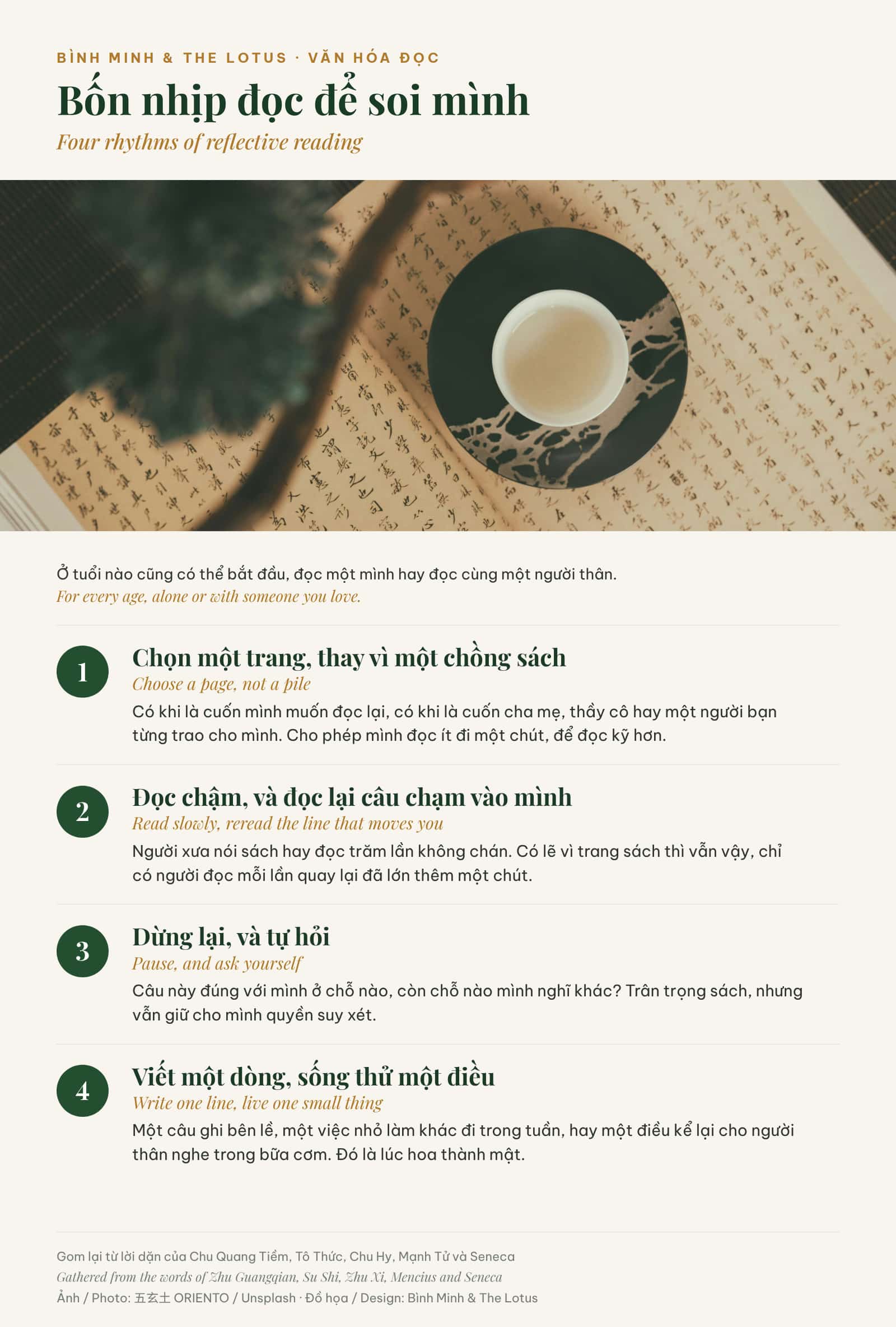 Đồ họa song ngữ Việt – Anh: bốn nhịp đọc để soi mình, trên ảnh tách trà đặt trên trang sách chữ Hán